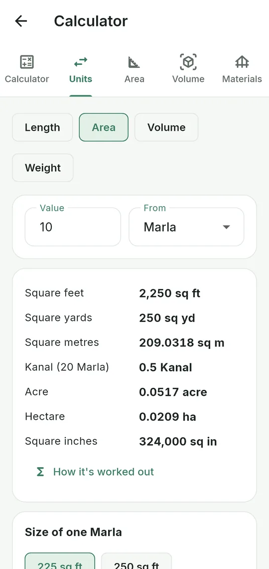 SITEBOQ unit converter for Marla, Kanal and square feet